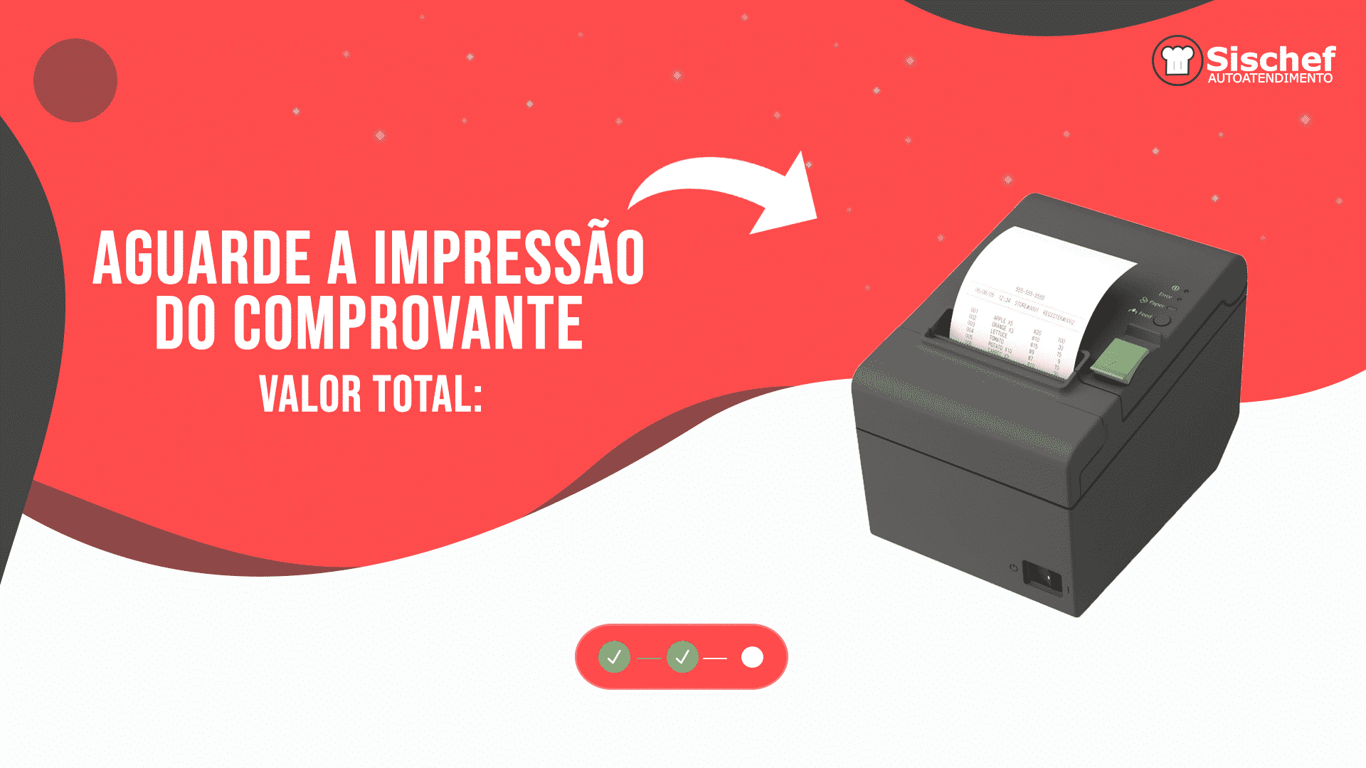 autoatendimento- tela vermelha com a imagem de uma impressora explicando que você deve aguardar a impressão do comprovante 